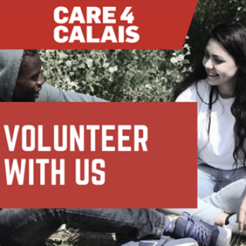 Care4Calais red and white text logo. 'Volunteer with us' text in white on a red rectangle. Background is a picture of a volunteer smiling at an asylum seeker who is smiling back. 